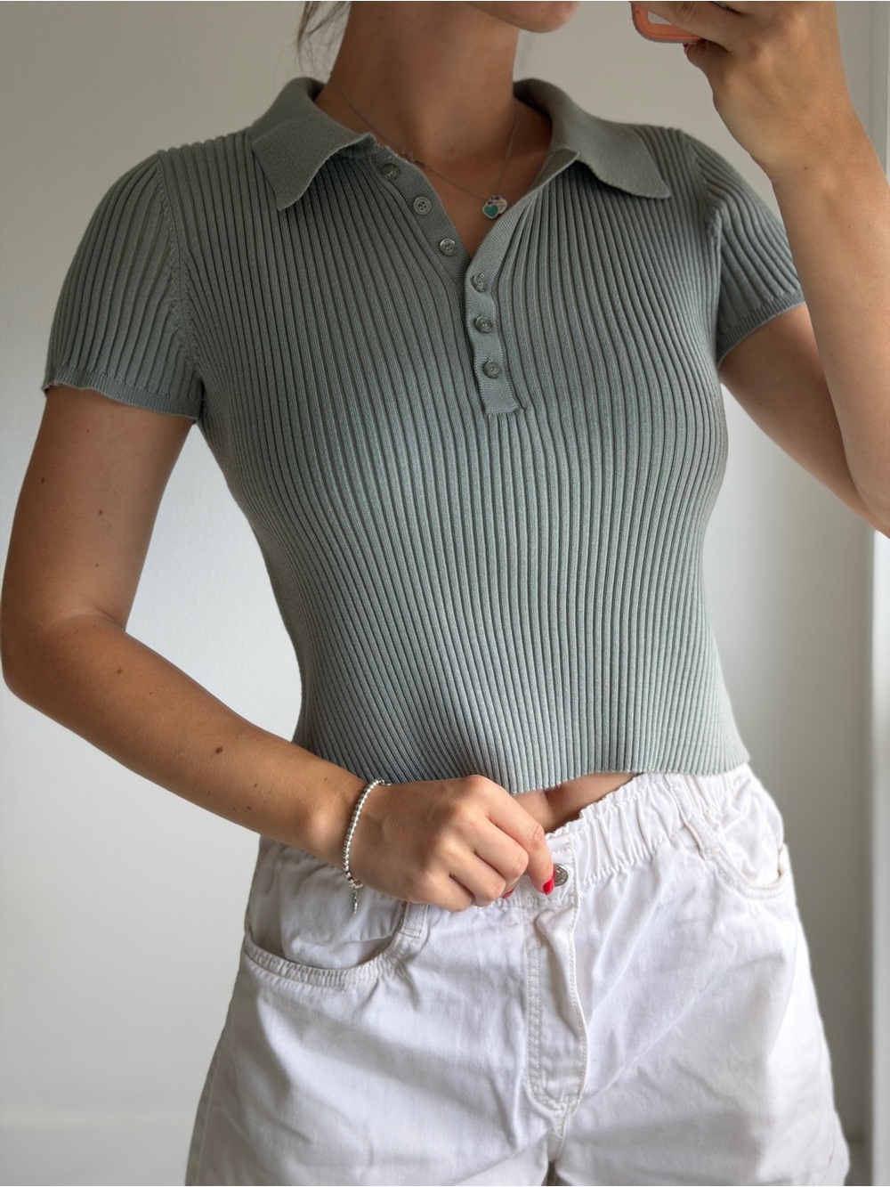 Calvin Klein Ribbed Polo Crop Top in Sage Green